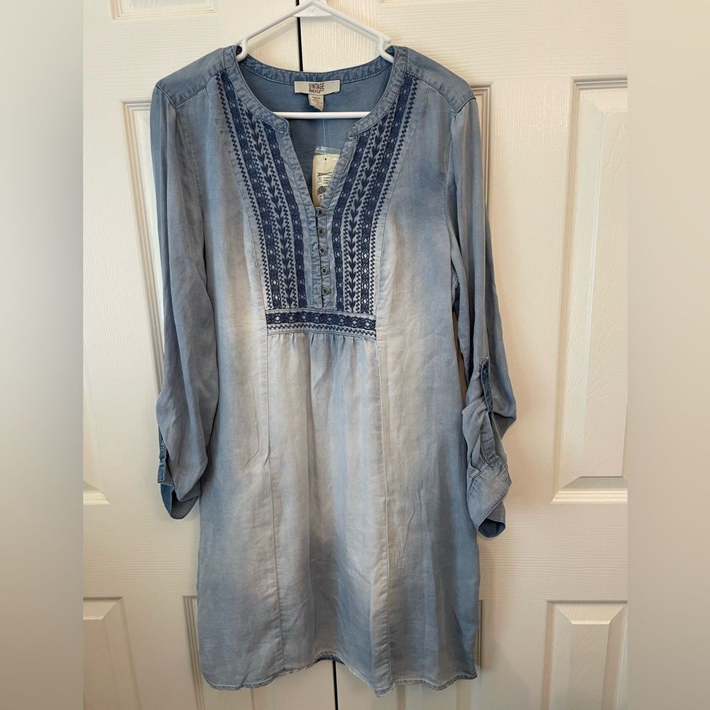 Vintage America Chambray Embroidered Dress Size Large